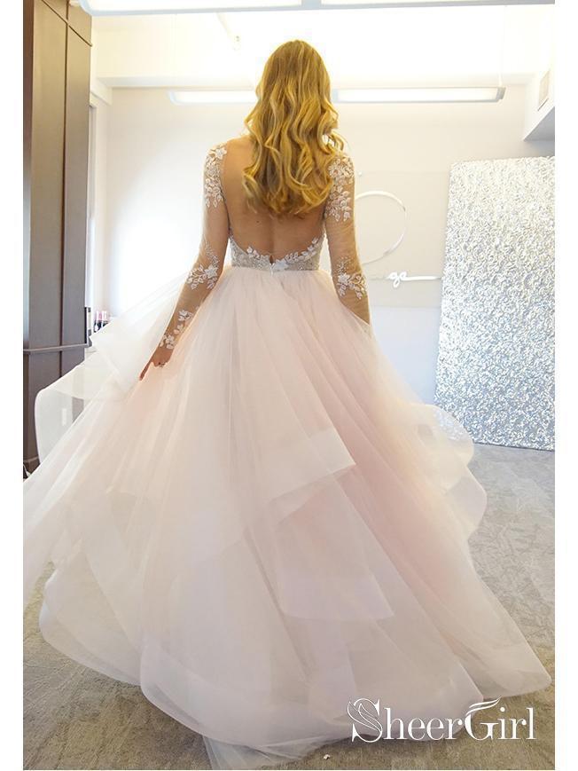 Anneprom Romantic V Neck Blush Pink Lace Wedding Dresses Detachable Sk